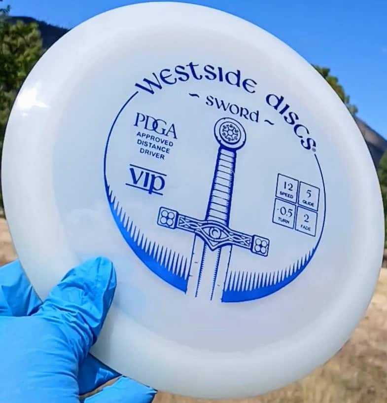 7703492.27 VIP Sword White disc golf distance driver from Westsdide Discs. skyline view