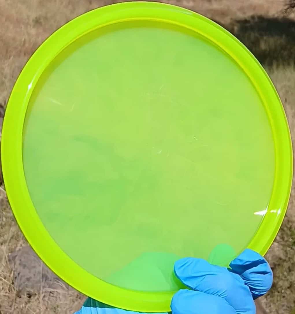 88011210.02 Lucid Ice Culprit yellow Prototype overstable disc golf midrange/putter hybrid from Dynamic Discs. ghost stamp wiped disc back view