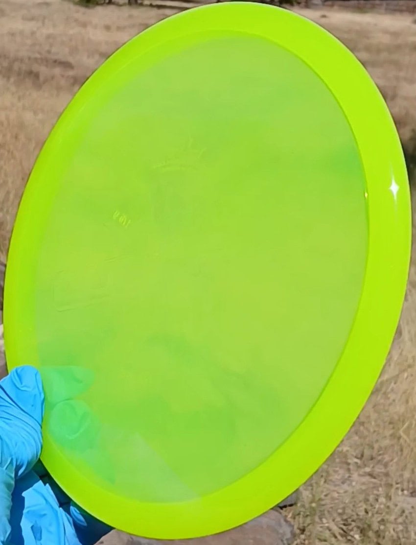 88011210.02 Lucid Ice Culprit yellow Prototype overstable disc golf midrange/putter hybrid from Dynamic Discs. ghost stamp wiped disc front view tilt
