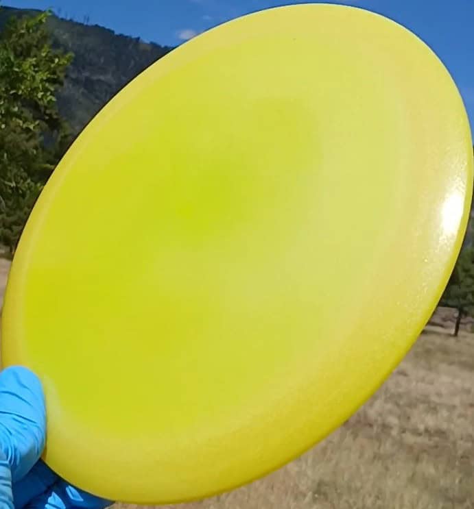 88017003.02 Lucid Air Breakout yellow blank disc golf fairway driver from Dynamic Discs. front tilt view