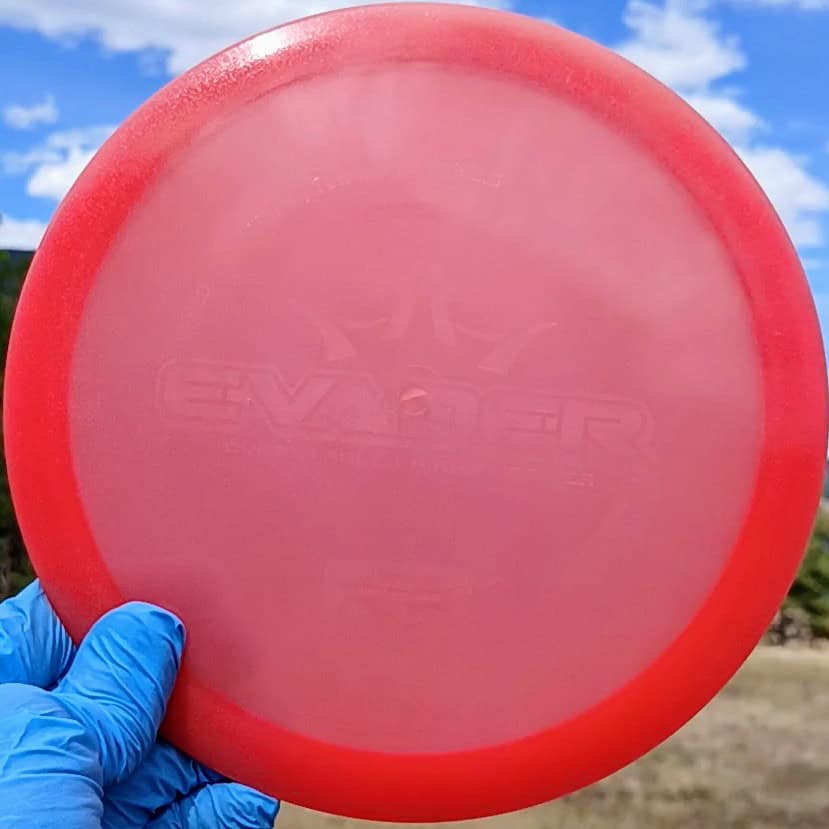 88018003.11 Lucid Air Evader red wiped disc golf fairway driver from Dynamic Discs. front skyline view
