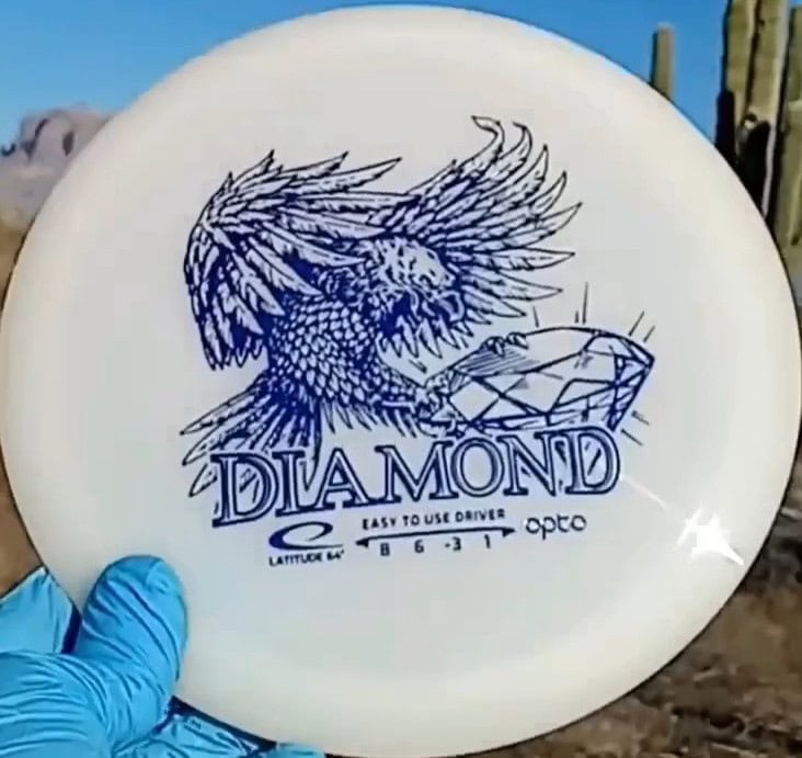 88027102.06 Opto Diamond white factory hot stamp disc golf fairway driver from Latitude 64. front view