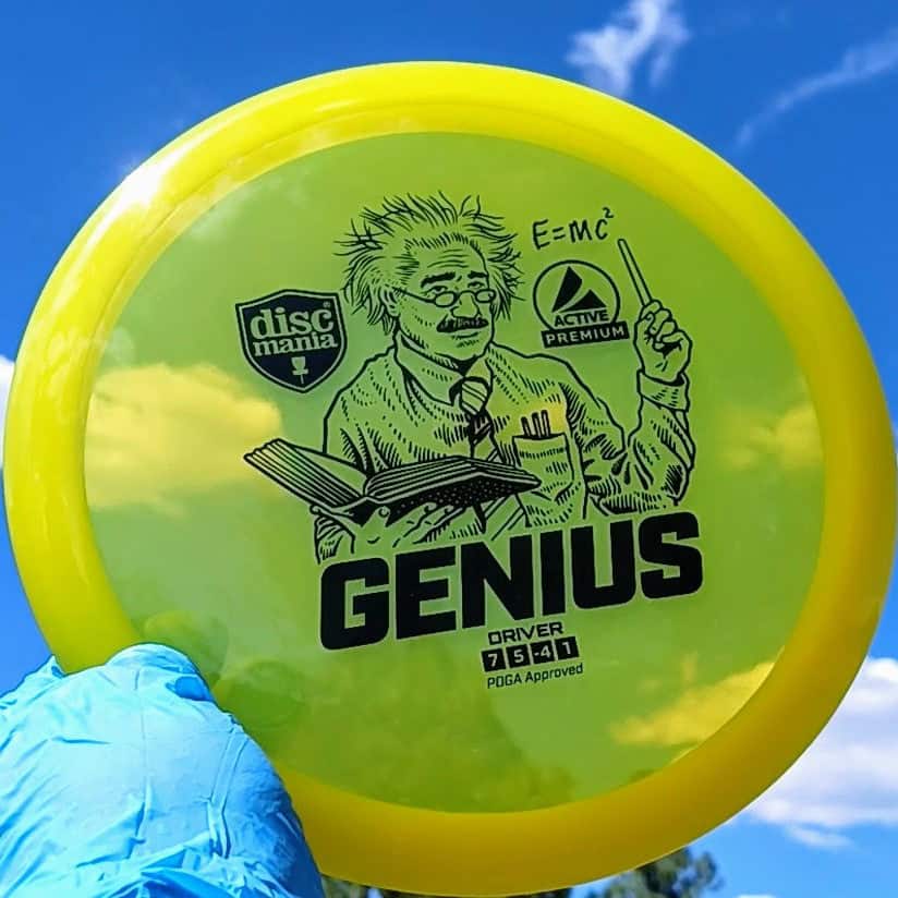 88047501.02 Active Premium Yellow Genius disc golf fairway driver 171g from Discmania. Front sky view