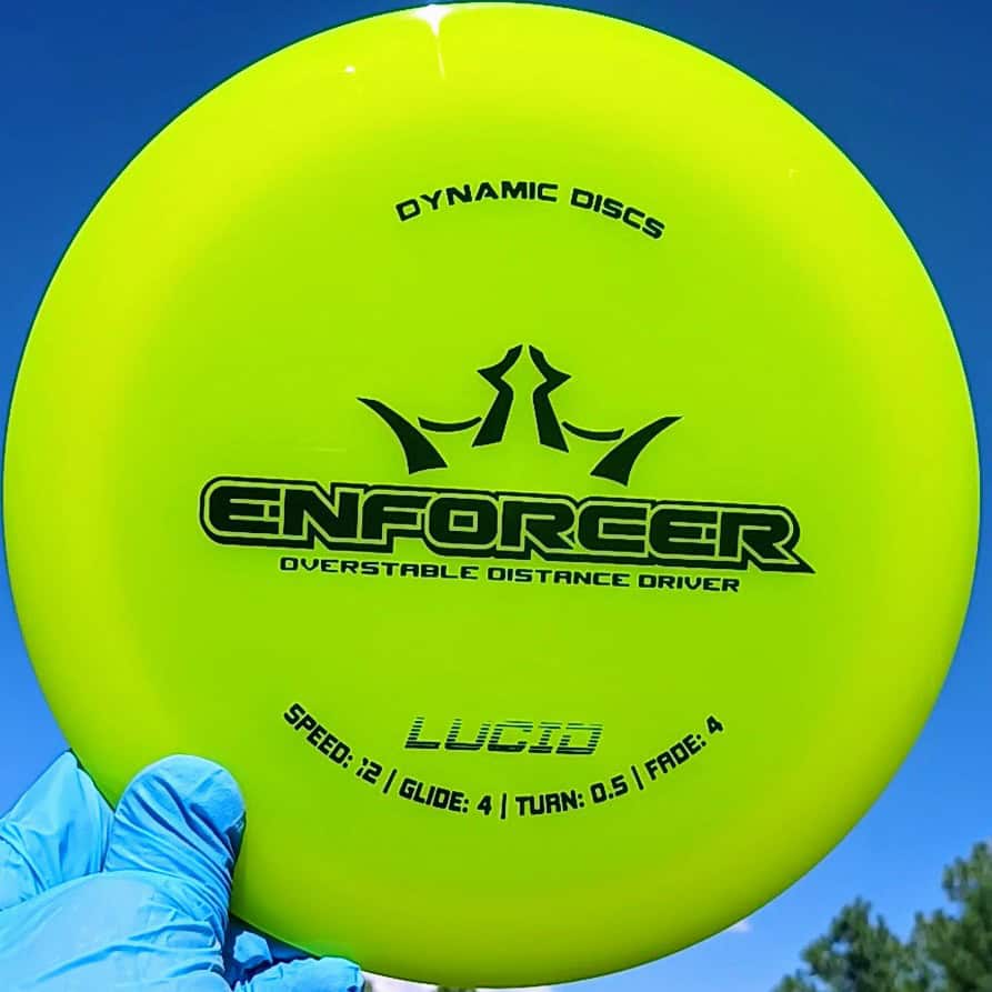 Dynamic Discs Lucid Enforcer yellow overstable disc golf distance driver front sky view