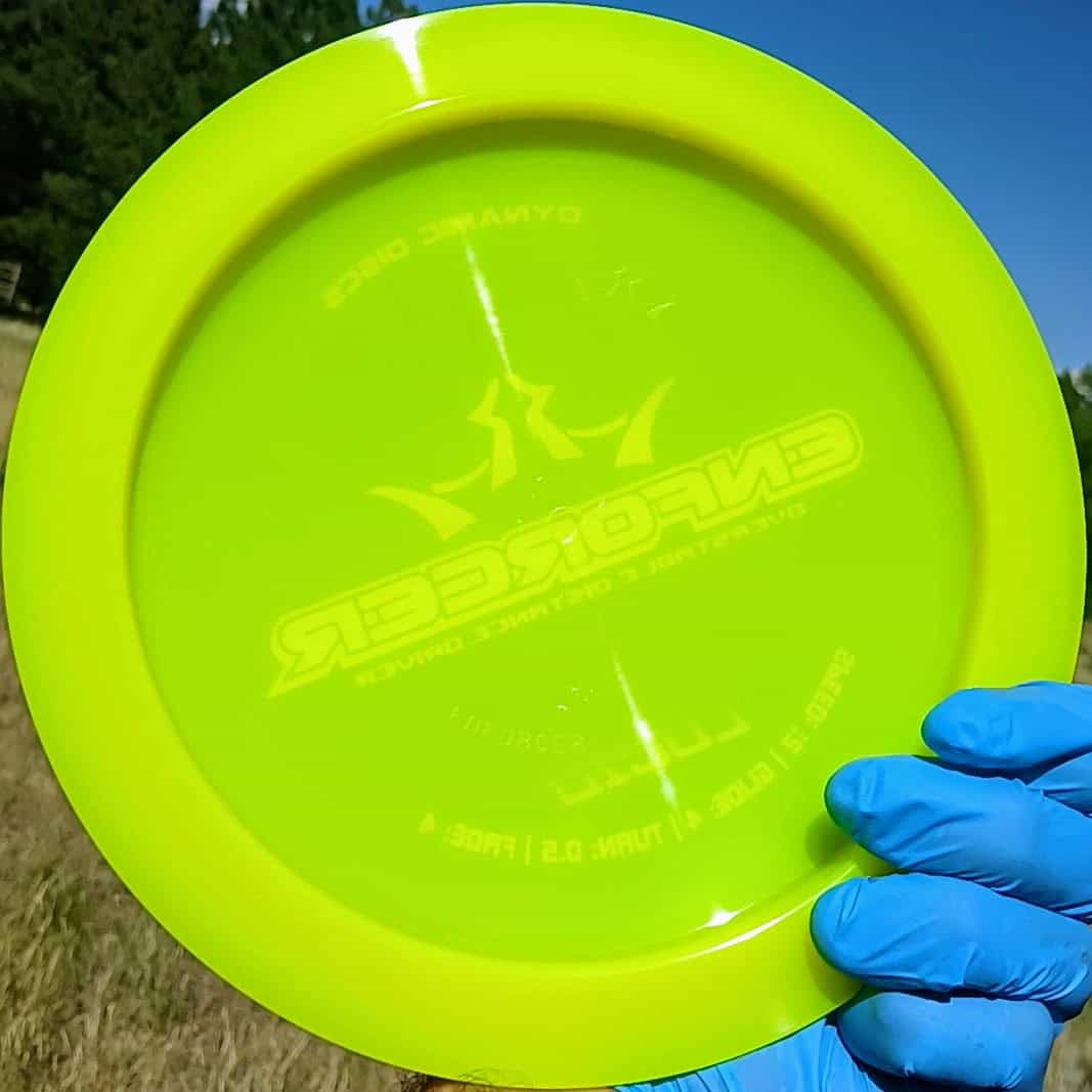 Dynamic Discs Lucid Enforcer yellow overstable disc golf distance driver back view