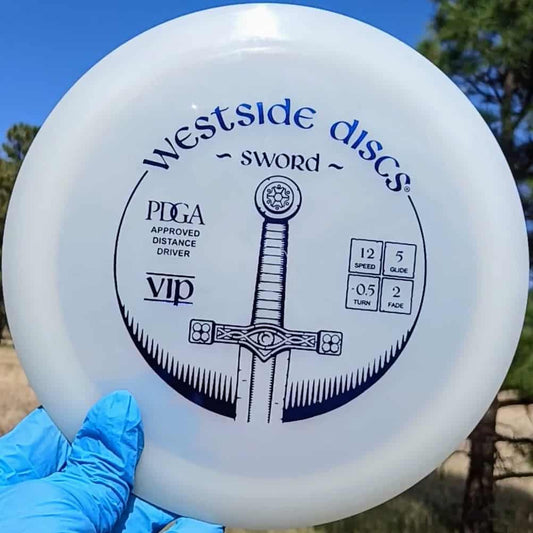 7703492.27 VIP Sword White disc golf distance driver from Westsdide Discs. front view 