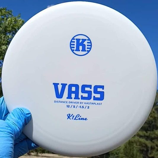 77054201.27 Kastaplast K1 Line White Vass disc golf distance driver. front view