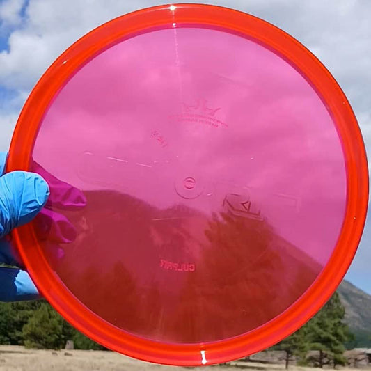 88011210.01 Lucid Ice Culprit Red Wiped Proto overstable disc golf midrange/putter hybrid from Dynamic Discs. ghost stamp wiped disc front view