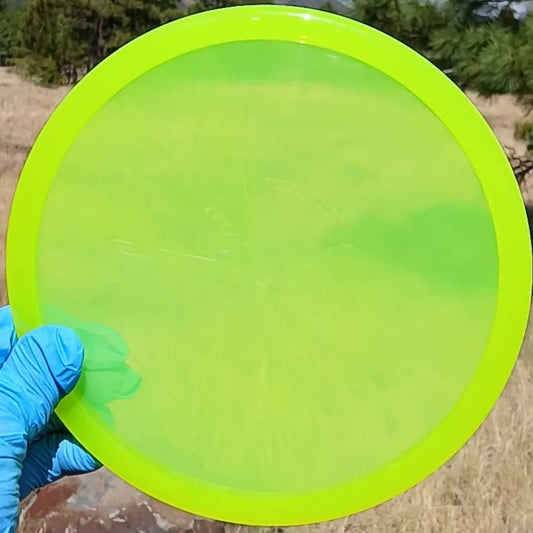 88011210.02 Lucid Ice Culprit yellow Prototype overstable disc golf midrange/putter hybrid from Dynamic Discs. ghost stamp wiped disc front view