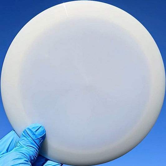 88014810.07 Lucid Ice Sheriff white blank disc golf distance driver from Dynamic Discs.  front sky view