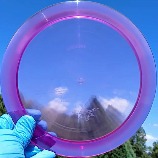 88014910.01 Lucid Ice Trespass Purple Wiped Distance Driver 175g disc golf distance driver from Dynamic Discs. ghost stamp front sky view