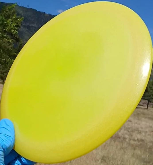 88017003.02 Lucid Air Breakout yellow blank disc golf fairway driver from Dynamic Discs. front tilt view