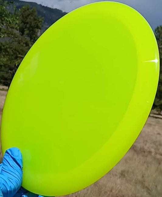 88028002.02 Opto River yellow bIank understable disc golf fairway driver from Latitude 64. front tilt view