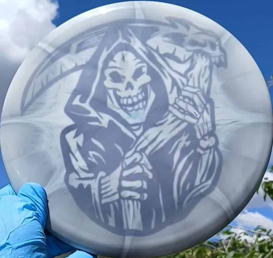 Dynamic Discs Fuzion Evidence Grim Reaper custom dyed disc golf midrange front sky view