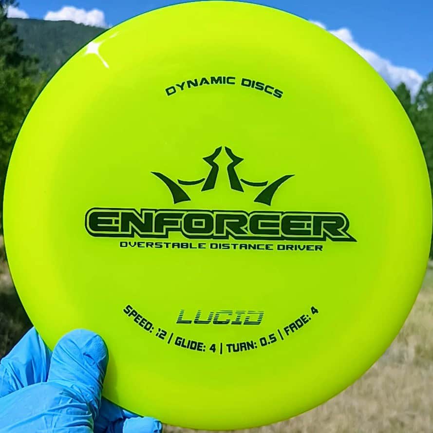 88014302.22 Lucid Enforcer yellow hot-stamped overstable disc golf distance driver from Dynamic Discs. front view