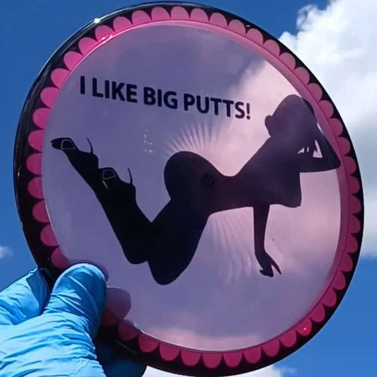 Dynamic Discs Lucid Ice Suspect Big Putts pink custom dyed disc golf putter front sky view