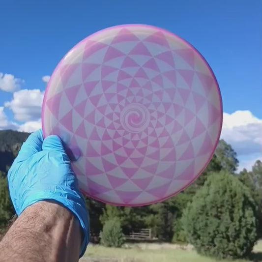 042503.07 Sensei Glow Penny Flower geometric design disc golf putter ghost stamp from Discmania.