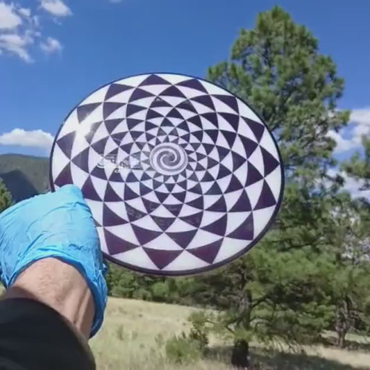 014302.08 Lucid Enforcer Penny Flower geometric disc golf design on overstable distance driver. Black floral design on white disc.