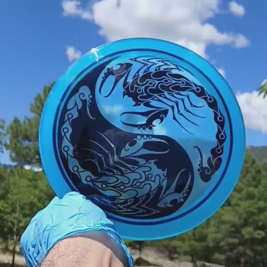 044802.01 Premium Mentor Yin Yang Scorpions custom disc golf design on blue Active Premium Mentor from Discmania.
