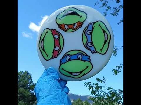 Lucid Emac Judge disc golf putter with Ninja Turtles with multicolor custom stencil dye on white disc.